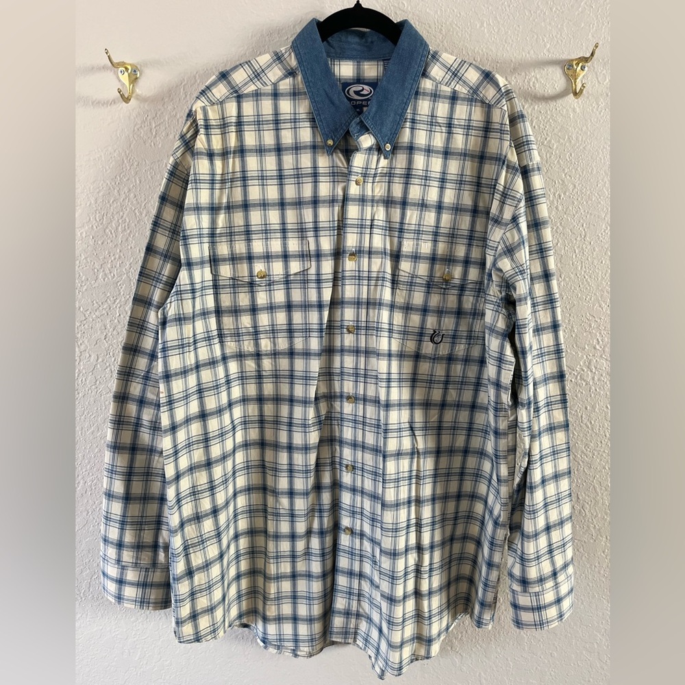 Roper Men’s XL Long Sleeve Plaid Denim Button-down Shirt Blue Ivory Cotton EUC